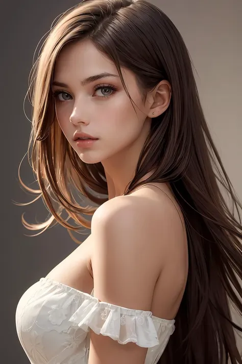 1girl,solo,long hair,brown hair,looking at viewer,realistic,Pure bule fashion background,brown eyes,dress,bare shoulders,upper body,lips,parted lips,white dress,strapless,from side,looking to the side,breasts,masterpiece,best quality,high quality,<lora:add_sharpness:0.5>,face focus,fashion photography,  <lora:GoodHands-beta2:1>