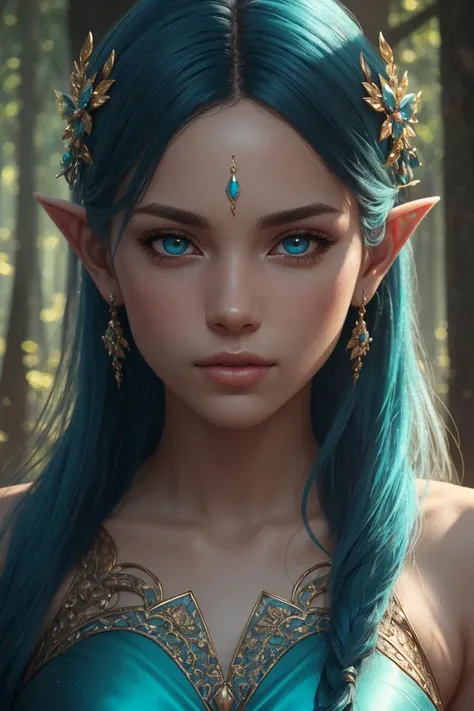 An ethereal female figure with delicate, luminescent background, surrounded by glowing enchanted forest, pointed ears, jewelry, intricate, detailed, Subsurface skin scattering, shiny skin, (iridescent dress), detailed clothing texture, detailed background, ([Evangeline Lilly|Adriana Lima|Adriana Lima]:0.8), round cute face, teal eyes, close-up, amazing fine detail, rich colors, lifelike texture, dramatic lighting, unreal engine, trending on ArtStation, (perfect skin texture, perfect body), gorgeous, stunning, beautiful, perfect lighting, (photorealistic:1.2)