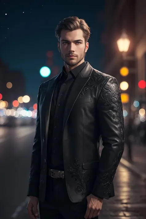 (best quality, masterpiece, official art, highres:1.2), extremely detailed CG unity 8k wallpaper, closeup face photo of caucasian man in black clothes, night city street, bokeh <lyco:GoodHands-beta2:1.0>