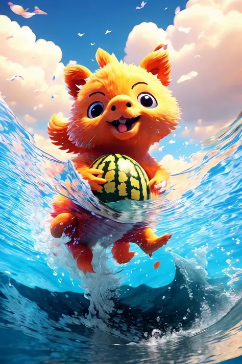 <lora:C D_20230617011627:1>, cute, many animals,watermelon, summer,water splash., masterpiece, best quality,