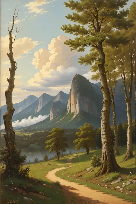 a painting of a forest by EBLght, outdoor, mountain, tree, cloud, <lora:EB_Leighton_resize:0.8>
