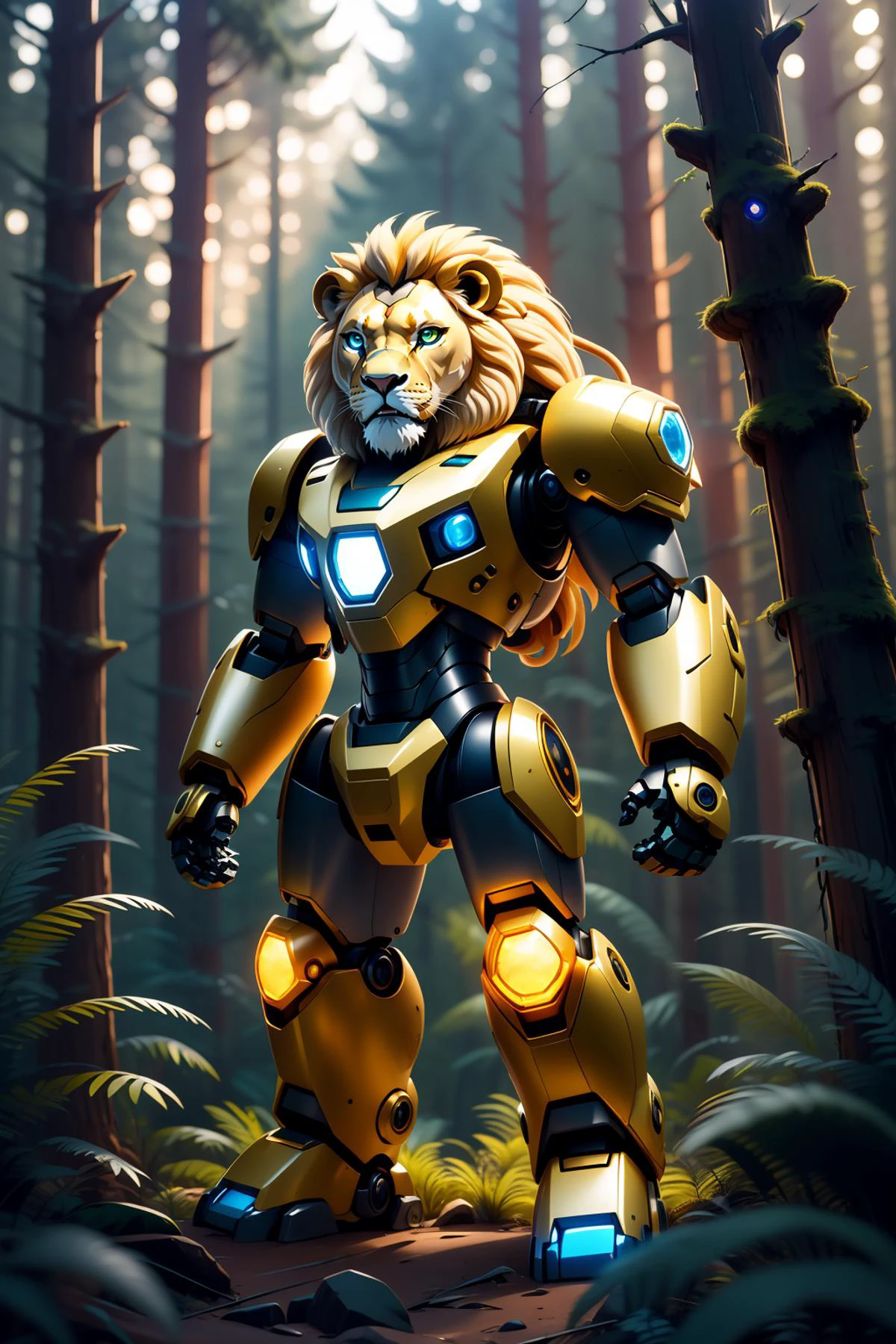 masterpiece,best quality,robotzoo, lion mecha, cute, standing, glowing, looking at viewer, solo, full body ,forest,tree, , <lora:ç»å¨æºç²å¨ç©årobotzoo_v1.4:0.85>