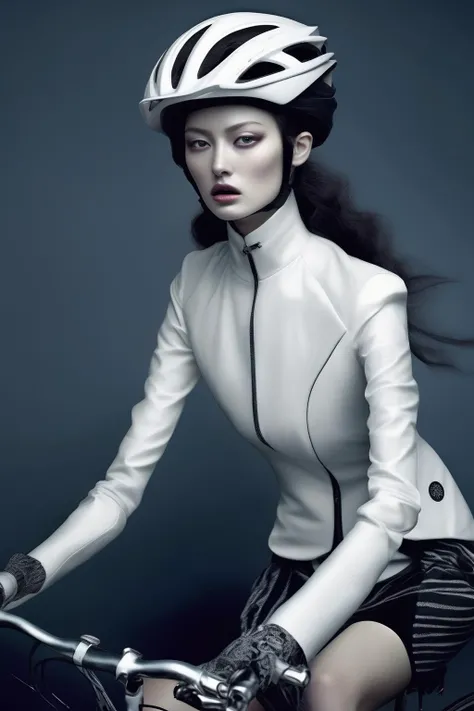 <lora:Zhang Jingna Style:1>Zhang Jingna Style - A lifelike fashionable female cyclist, with a surreal fashion photography style. Zhang Jingna and Alexander Wang 32K uhd