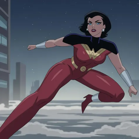 score_9,score_8_up,score_7_up,score_6_up,score_5_up,source_cartoon,source_anime,realistic,<lora:DC_JLU_WonderWoman_JusticeLords_ownwaifu:1>,DC_JLU_WonderWoman_JusticeLords_ownwaifu,
action pose,a dark city at night,wonder woman in battle,
perfect body,1girl,star earrings,jewelry blue eyes black hair star (symbol) short hair lipstick makeup,red lips,medium breasts,red bodysuit,turtleneck,wristband,toned,looking at viewer,
stylistic 1990s superhero promotional art,Night sky city,city background,