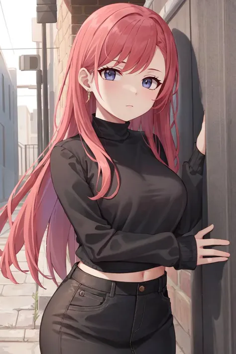 masterpiece, best_quality, 1girl, solo, cropped jacket (bolero), overall skirt, red hair, blocky, in a dimly lit alleyway