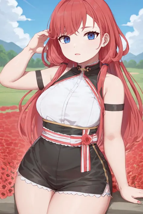 masterpiece, best_quality, 1girl, solo, sash, micro shorts, red hair, pyramidal, in a poppy meadow