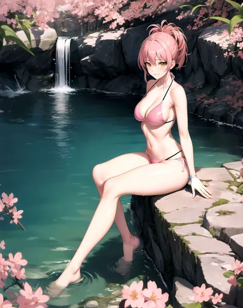 masterpiece, best quality,sharpness,absurdres ,1girl, haruno sakura,forehead mark, navel, groin, looking at viewer, smile, cherry blossoms, wind, floating hair, middle large breasts. wearing pink bikini. facing away. nice ass. ass view. back view.