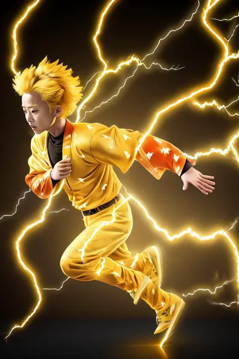Zenitsu, wearing a yellow kimono, yellow hair, head down, running with a katana sword, ((lighting)), motion blur, (from side),(( electricity)) <lora:Zenitsu:0.9>