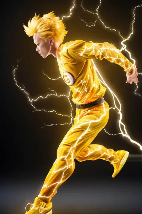 Zenitsu, wearing a yellow kimono, yellow hair, head down, running with a katana sword, ((lighting)), motion blur, (from side),(( electricity)) <lora:Zenitsu:0.9>