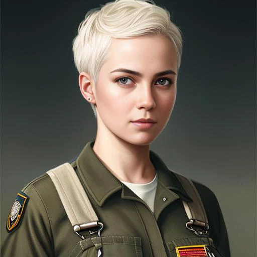 portrait of a military engineer woman with short white hair, wearing overalls, medium shot, portrait, concept art, natural lighting, illustration, full color, highly detailed, photorealistic, by greg rutkowski, artstation,
