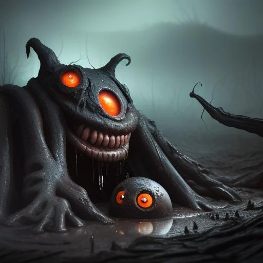 of a dark and muddy landscape with strange cute friendly creatures with huge eyes, mouth, long tongue and round teeth appearing from the wet mud, in the style of gehry, macro lens, shallow depth of field, highly detailed, digital painting, trending artstation, concept art, illustration, cinematic lighting, vibrant colors, photorealism, epic, Unreal Engine 5
