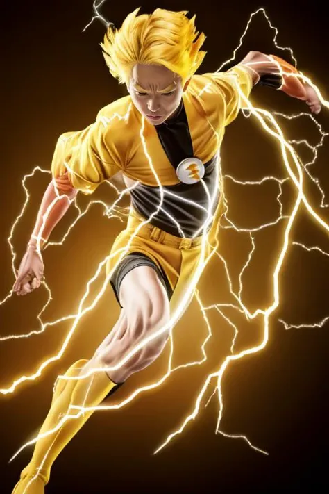 Zenitsu, wearing a yellow kimono, yellow hair, head down, running with a katana sword, ((lighting)), motion blur, (from side),(( electricity)) <lora:Zenitsu:0.9>