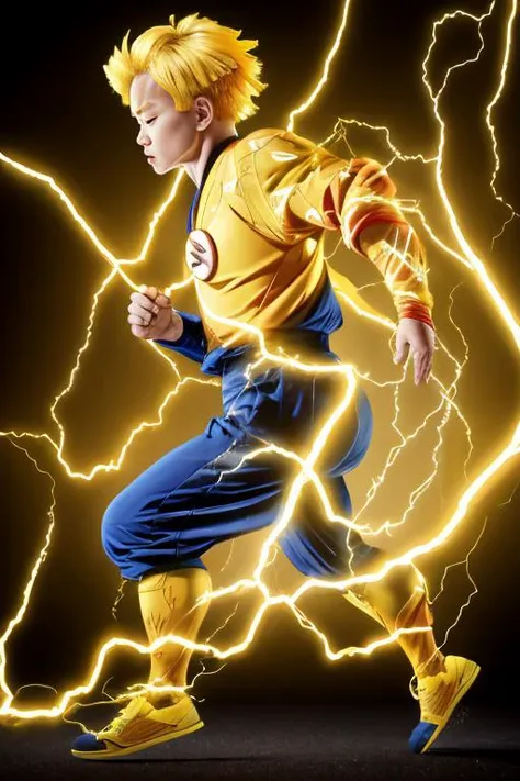 Zenitsu, wearing a yellow kimono, yellow hair, head down, running with a katana sword, ((lighting)), motion blur, (from side),(( electricity)) <lora:Zenitsu:0.9>