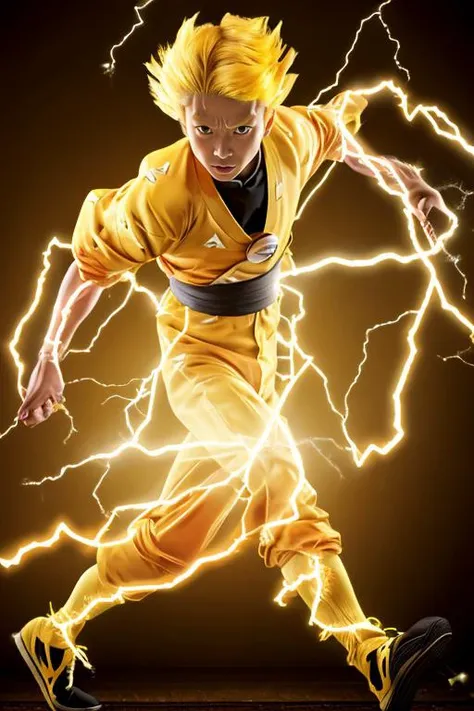 Zenitsu, wearing a yellow kimono, yellow hair, head down, running with a katana sword, ((lighting)), motion blur, (from side),(( electricity)) <lora:Zenitsu:0.9>