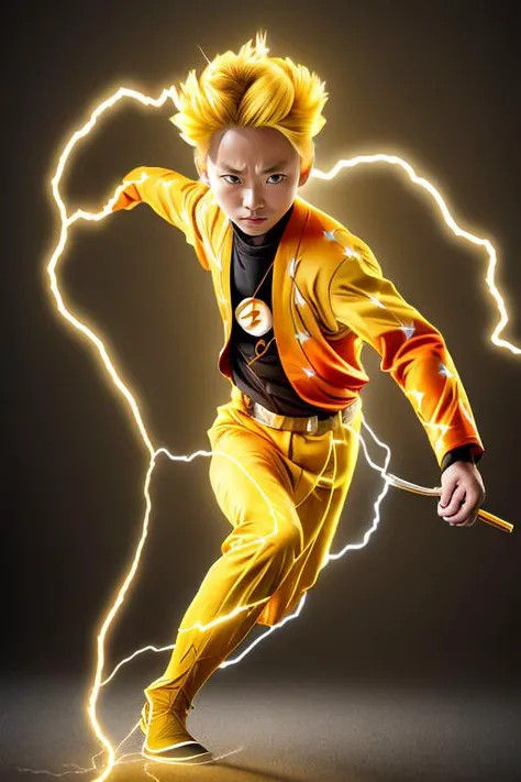 Zenitsu, wearing a yellow kimono, yellow hair, head down, running with a katana sword, ((lighting)), motion blur, (from side),(( electricity)) <lora:Zenitsu:0.9>