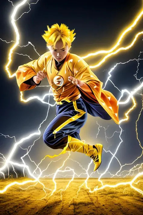 Zenitsu, wearing a yellow kimono, yellow hair, head down, running with a katana sword, ((lighting)), motion blur, (from side),(( electricity)) <lora:Zenitsu:0.9>
