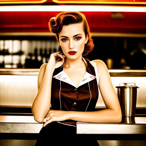 RAW, analog style, extremely detailed photograph, front lit, HDR. Beautiful French woman working in diner, pin up style uniform, see through top, translucent fabric, brown hair, brown eyes, ((high detailed skin, skin details)), sharp focus, 8k uhd, dslr, high quality, film grain, rim light