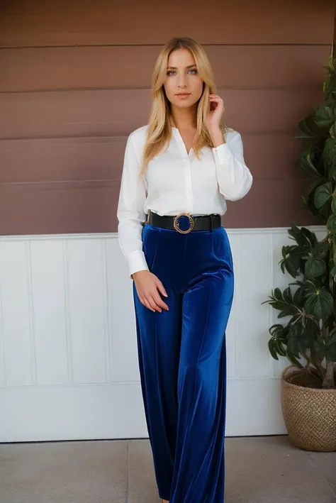 a portrait photo of a beautiful blonde woman, Sapphire Blue Velvet shirt tucked into pleated palazzo pants with a wide belt, shot with Rolleiflex 2.8F, detailed face, detailed hair, best quality, masterpiece, (photorealistic:1.4) <lora:KiaraLor:1>