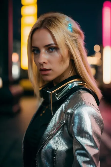 A stunning intricate full color portrait of a blonde woman, wearing a cool cyberpunk outfit,cyberpunk landscape in the background, having fun, epic character composition,by ilya kuvshinov, alessio albi, nina masic,sharp focus, natural lighting, subsurface scattering, f2, 35mm, film grain, half body shot <lora:KiaraLor:1>