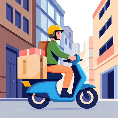 A courier is driving a motorcycle delivering goods,<lora:flat-000040:0.7>,