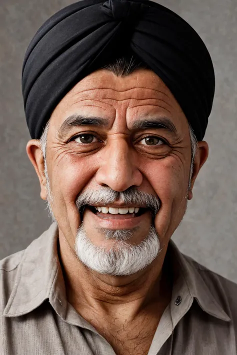 close-up photo portrait of a 60 yo aged Arab man, short grey hair, beard, black eyes, joyful face expression, turban, simple background