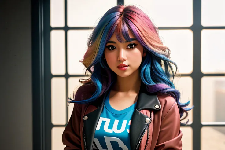 RAW photo, skirt, pantyhose, multi-colored hair, long hair, shirt, jacket, ((SFW)), subject, photorealistic, hyperrealistic, hyperdetailed, uncensored, hyper realistic, realistic photography, high definition, insanely detailed, 4k, 8k, 16k, HDR 4k, 4k textures, 8k textures, 8k uhd, dslr, soft lighting, high quality, film grain, Fujifilm XT3, sharp details, sharp focus, at studio, 85mm, ultra sharp, 16k textures