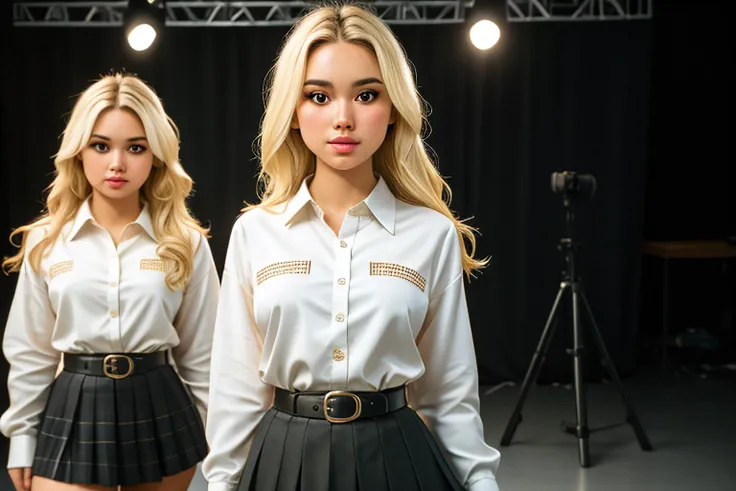RAW photo, skirt, blonde hair, multiple girls, black hair, long hair, looking at viewer, pantyhose, shirt, short hair, belt, long sleeves, ((SFW)), subject, photorealistic, hyperrealistic, hyperdetailed, uncensored, hyper realistic, realistic photography, high definition, insanely detailed, 4k, 8k, 16k, HDR 4k, 4k textures, 8k textures, 8k uhd, dslr, soft lighting, high quality, film grain, Fujifilm XT3, sharp details, sharp focus, at studio, 85mm, ultra sharp, 16k textures