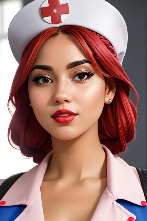 a woman short multi-colored braids hair in a nurse uniform with red lipstick on her lips and a nurse hat on her head, ((SFW)), subject, photorealistic, hyperrealistic, hyperdetailed, uncensored, hyper realistic, realistic photography, high definition, insanely detailed, 4k, 8k, 16k, HDR 4k, 4k textures, 8k textures, 8k uhd, dslr, high quality, film grain, Fujifilm XT3, sharp details, sharp focus, at studio, 85mm, ultra sharp, 16k textures