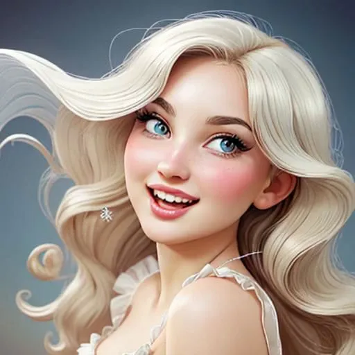 Create an Elvgren-style character with a bright smile showcasing healthy, well-aligned teeth. Focus on large, sparkling almond-shaped eyes, framed by long, curved lashes, reflecting a joyful spirit. The radiant smile reveals natural, proportionate teeth, bright and realistically white. Emphasize the smooth, flawless skin and a petite, delicately shaped nose. The character's hair flows in a vintage wave, complementing her dynamic expression. Avoid any portrayal of bad teeth, ensuring a naturally healthy dental appearance, (volumetric lighting, immaculate, high detail)