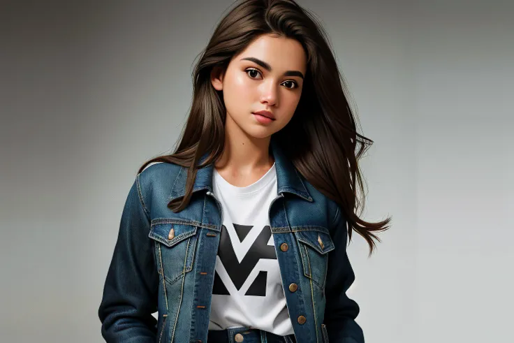 RAW photo, 1girl, reference inset, pants, jacket, long hair, shirt, hands in pockets, brown hair, white shirt, photo inset, denim, looking at viewer, jeans, black jacket, standing, 1boy, ((SFW)), subject, photorealistic, hyperrealistic, hyperdetailed, uncensored, hyper realistic, realistic photography, high definition, insanely detailed, 4k, 8k, 16k, HDR 4k, 4k textures, 8k textures, 8k uhd, dslr, soft lighting, high quality, film grain, Fujifilm XT3, sharp details, sharp focus, at studio, 85mm, ultra sharp, 16k textures