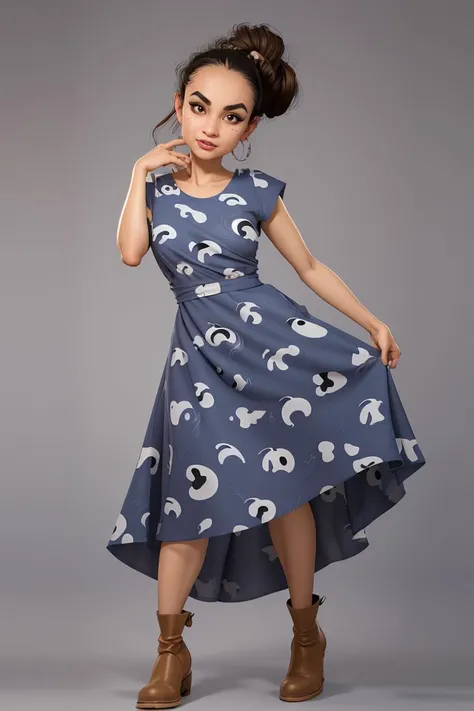 (masterpiece, best quality), 1girl, female geriatric, athletic, middle easterner, light brown eyes, folded ears, crooked nose, low jawline, rounded forehead, unusual face shape, jaw, indigo
top knot hair, excitement
wearing high-low hem dress, dalmatian print damask __bo/properties/color__
tanga, chelsea boots,
, head tilted to the side, indicating thoughtfulness ,