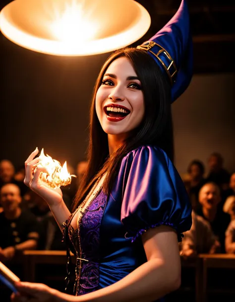 necromonger, demon witch sorceress, casting magic to public wizard audience, bright colors, perfect faces, smiling, shocked expressions,, photorealistic, photograph, photo, dlsr, Fuji Film, extremely high detail, (volumetric lighting), (dynamic lighting), godrays, Rembrandt lighting, real shadows, intricate detail