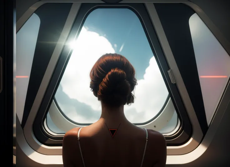 three cornered window, back of head shot of (woman looking out of triangle window:1.1), 3rd person, Looking out the triangular window of a (train:1.1) with triangular windows, triangular windows and triangular, wheels, in a fantasy world,
psychedelic, geometric, vivid light, high contrast, triadic colors, dark shadows, explosions, nuclear mushroom cloud, nuclear explosion, dystopian nightmare,
(beautiful composition),
21 yo woman,