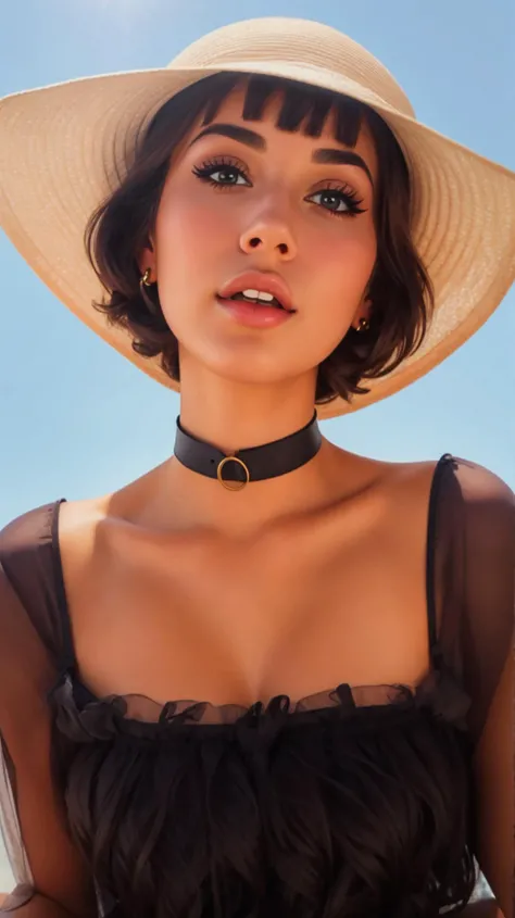 portrait of a cute girl with hat, round breasts, detailed skin, perfect eyes, full lips
