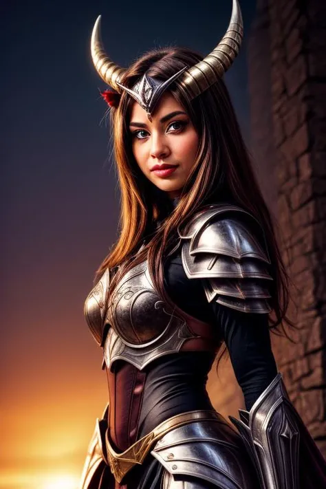 beautiful enchanting cute demon lord with horns and red eyes in purple battle armour, 32k, UHD, demon castle, masterpiece, ultimate quality, sharp focus, beautiful scenery, highres, highly detailed, superrealistic, photorealistic, digital painting, concept art, intricated details, absurdres, epic, highiest texture resolution, detailed scenery, hyperrealistic, cinematic lighting, vivid colors, dynamic angle <lora:add_detail:1.5> epiCPhoto