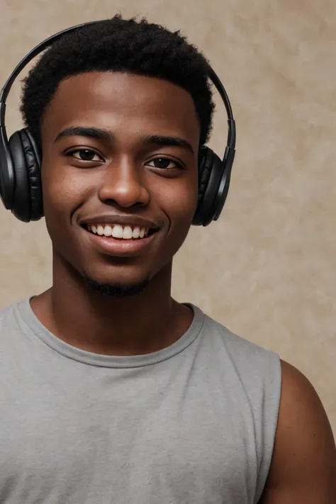 close-up photo portrait of a 25 yo young african man, black short african hair, stubble, brown eyes, excited face expression, headphones, simple background