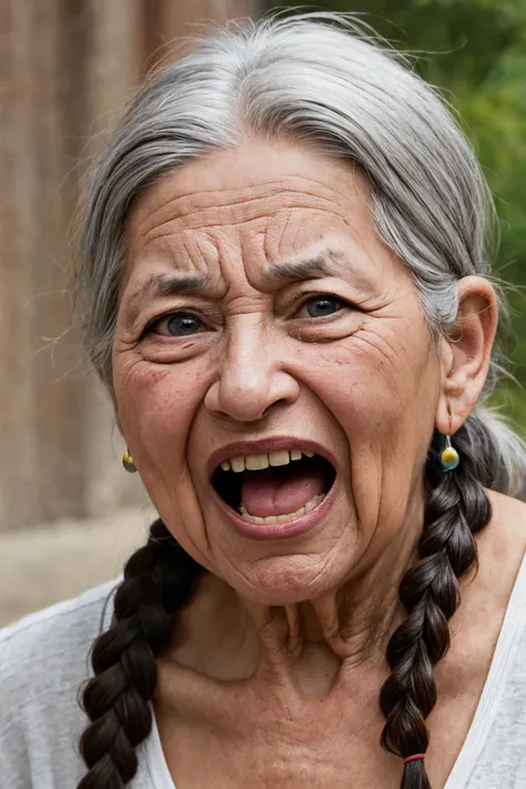 close-up photo portrait of a 90 yo old native american woman, grey hair, brown eyes, screaming face expression, headband, twin braids, simple background