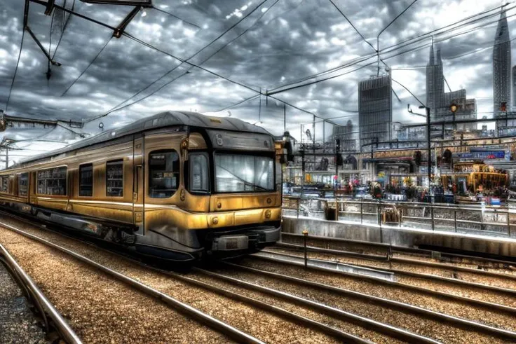 (masterpiece:1.3), semi-realistic, hdr, soft light, ((best quality)),train arriving at the station, a built-up station, people surrounding the train, balconies above the train, elegant and luxurious, ((masterpiece)), (detailed), steampunk city background, ultra detailed, 4k, good proportion,