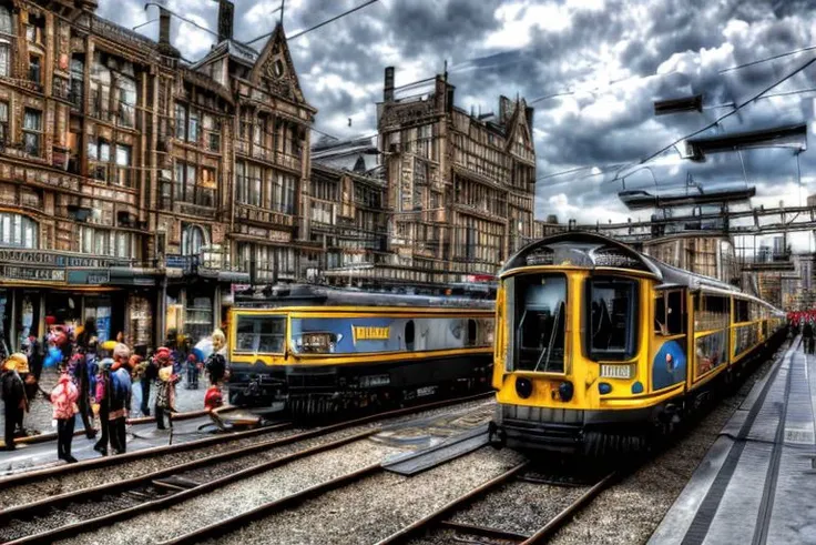 (masterpiece:1.3), semi-realistic, hdr, soft light, ((best quality)),train arriving at the station, a built-up station, people surrounding the train, balconies above the train, elegant and luxurious,  ((masterpiece)), (detailed),  steampunk city background,  ultra detailed, 4k, good proportion,