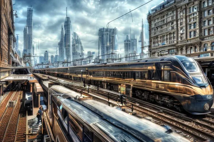 (masterpiece:1.3), semi-realistic, hdr, soft light, ((best quality)),train arriving at the station, a built-up station, people surrounding the train, balconies above the train, elegant and luxurious, ((masterpiece)), (detailed), steampunk city background, ultra detailed, 4k, good proportion,