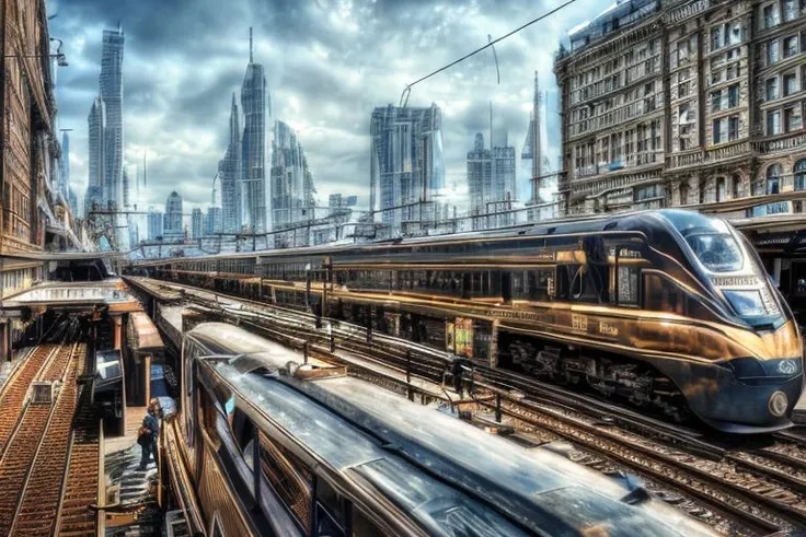 (masterpiece:1.3), semi-realistic, hdr, soft light, ((best quality)),train arriving at the station, a built-up station, people surrounding the train, balconies above the train, elegant and luxurious,  ((masterpiece)), (detailed),  steampunk city background,  ultra detailed, 4k, good proportion,