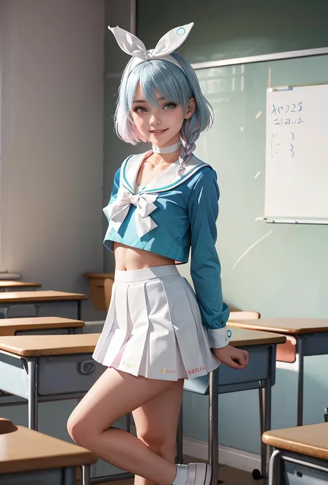 (masterpiece, best quality), 1girl,     <lora:arona:0.8> 1girl,arona (blue archive),hairband,blue hair,halo,hair over one eye,braid,short hair,solo,pink hair,looking at viewer,white hairband,blush,shirt,school uniform,sailor collar,long sleeves,serafuku,blue shirt,smile,skirt,ribbon,white sailor collar,choker,bow,single braid,white skirt,Classroom background,white choker,pleated skirt,colored inner hair,navel,bow hairband,white bow,hair ribbon,closed mouth,collarbone,shoes,white ribbon,white footwear