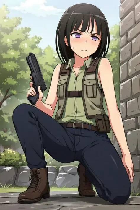 masterpiece, best quality, detailed face, detailed eyes, <lora:HUTheo:0.5>, 1boy, flat chest, frown, angry, black hair, medium hair, blank eyes, purple eyes, ((taking cover,)) stone wall, fatigues, pants, pockets, tactical clothes, vest, sleeveless, jungle, handgun, combat boots,knife holster, outdoors, holding gun, squatting, looking away,
