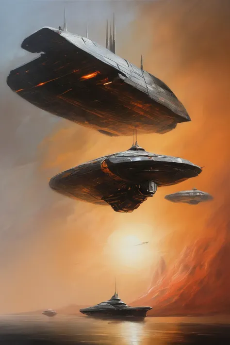 John Martin Style - an oil painting of two futuristic starships in the style of The Fighting Temeraire