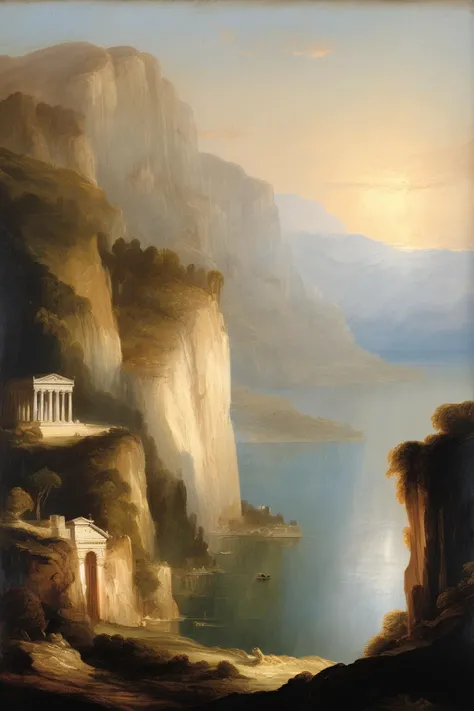 John Martin Style - turner oil painting of cliff side over Italian lakes with classical temples