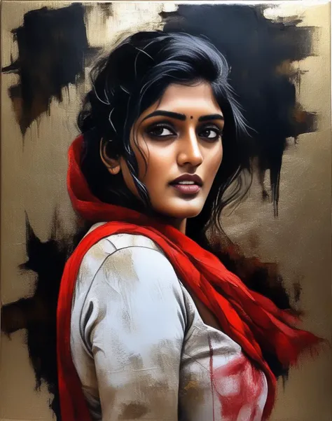 EeshaRebba,<lora:EeshaRebbaSDXL:1>breathtaking portrait of a gorgeous girl, sultry, red scarf, dark gold and black, gossamer fabrics, jagged edges, eye-catching detail, insanely intricate, vibrant light and shadow , beauty, paintings on panel, textured background, captivating, stencil art, style of oil painting, modern ink, watercolor , brush strokes, negative white space