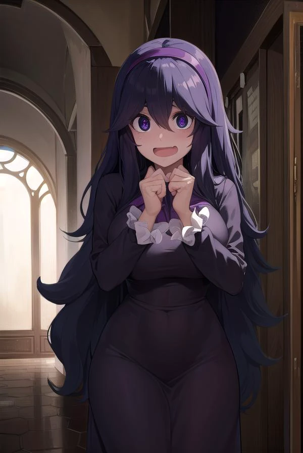 hexmaniac, <lora:hex maniac-lora-nochekaiser:1>,
(hex maniac:1.5), hairband, messy hair, (purple eyes:1.1), purple hair, purple hairband, @ @, <lora:wavymouth_type1_v100:1>, open mouth,
BREAK black dress, dress, long dress, long sleeves, juliet sleeves,
BREAK looking at viewer, upper body, full body, (cowboy shot:1.5),
BREAK indoors, library,
BREAK <lyco:GoodHands-beta2:1>, (masterpiece:1.2), best quality, high resolution, unity 8k wallpaper, (illustration:0.8), (beautiful detailed eyes:1.6), extremely detailed face, perfect lighting, extremely detailed CG, (perfect hands, perfect anatomy),