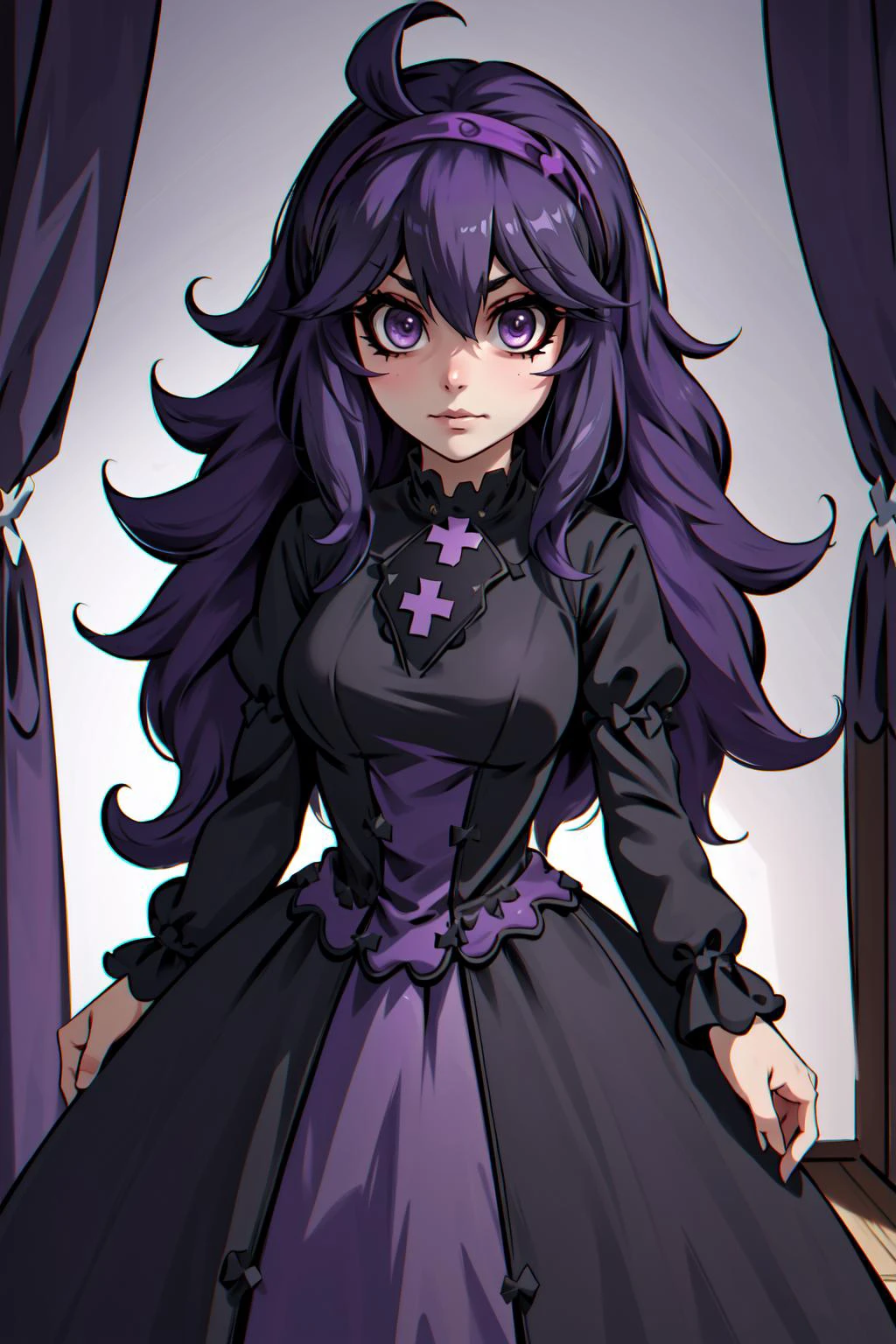 (masterpiece, best quality), intricate details,
1girl, <lora:hex maniac-lora-nochekaiser:0.8> (hex maniac:1.5), hairband, messy hair, (purple eyes:1.1), purple hair, purple hairband, @ @,, black dress, dress, long dress, long sleeves, juliet sleeves,
indoors, dark room, gloomy,