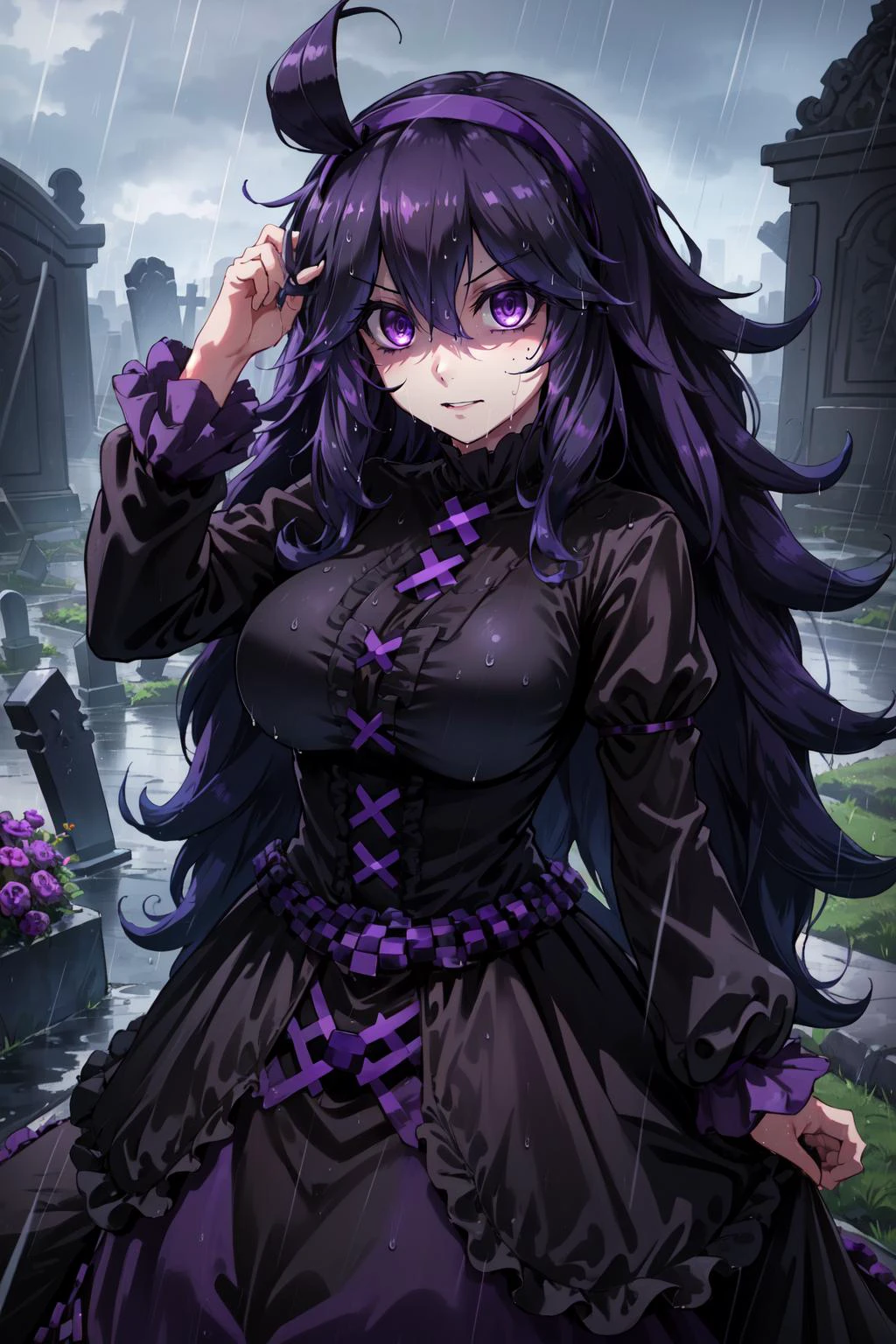(masterpiece, best quality), intricate details,
1girl, <lora:hex maniac-lora-nochekaiser:0.8> (hex maniac:1.5), hairband, messy hair, (purple eyes:1.1), purple hair, purple hairband, @ @,, black dress, dress, long dress, long sleeves, juliet sleeves,
outdoors, rain, graveyard, wet clothes, wet hair,