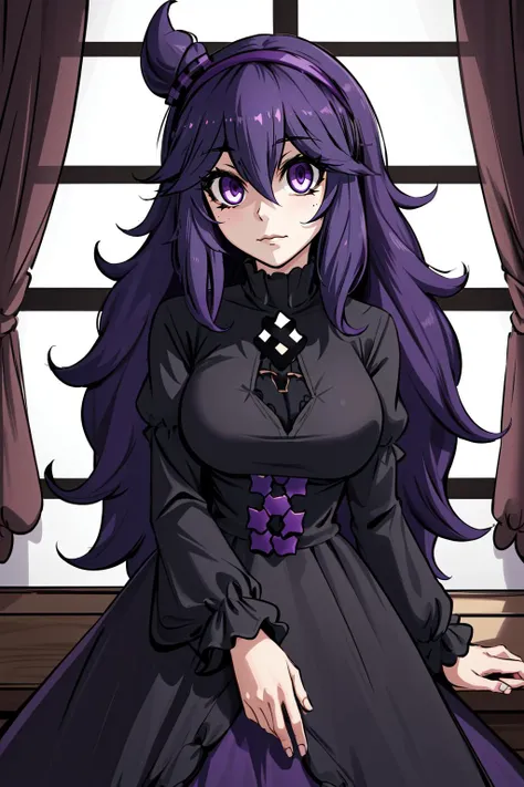 (masterpiece, best quality),  intricate details,
1girl,     <lora:hex maniac-lora-nochekaiser:0.8> (hex maniac:1.5), hairband, messy hair, (purple eyes:1.1), purple hair, purple hairband, @ @,, black dress, dress, long dress, long sleeves, juliet sleeves,
indoors, dark room, gloomy,